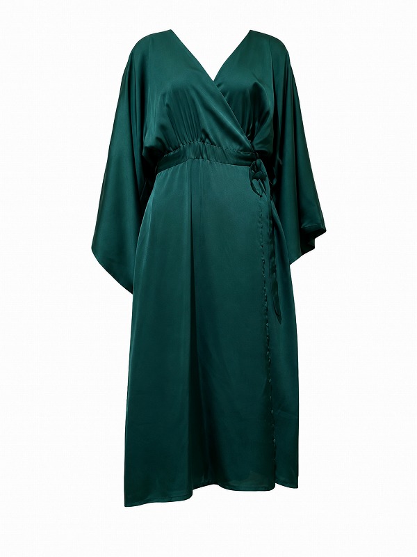 【新品DRESS 1050】カシュクール×ドルマンスリーブフレアラップミディアムドレス グリーン【tfnc LONDON】
